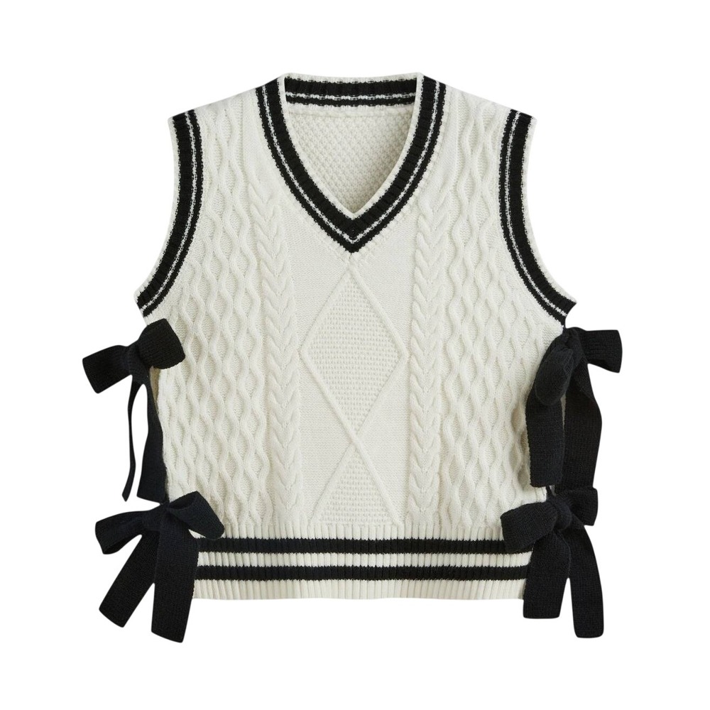 Cider Preppy Heritage V-Neck Bowknot Knitted Sweater Vest XS Side Ties Academia